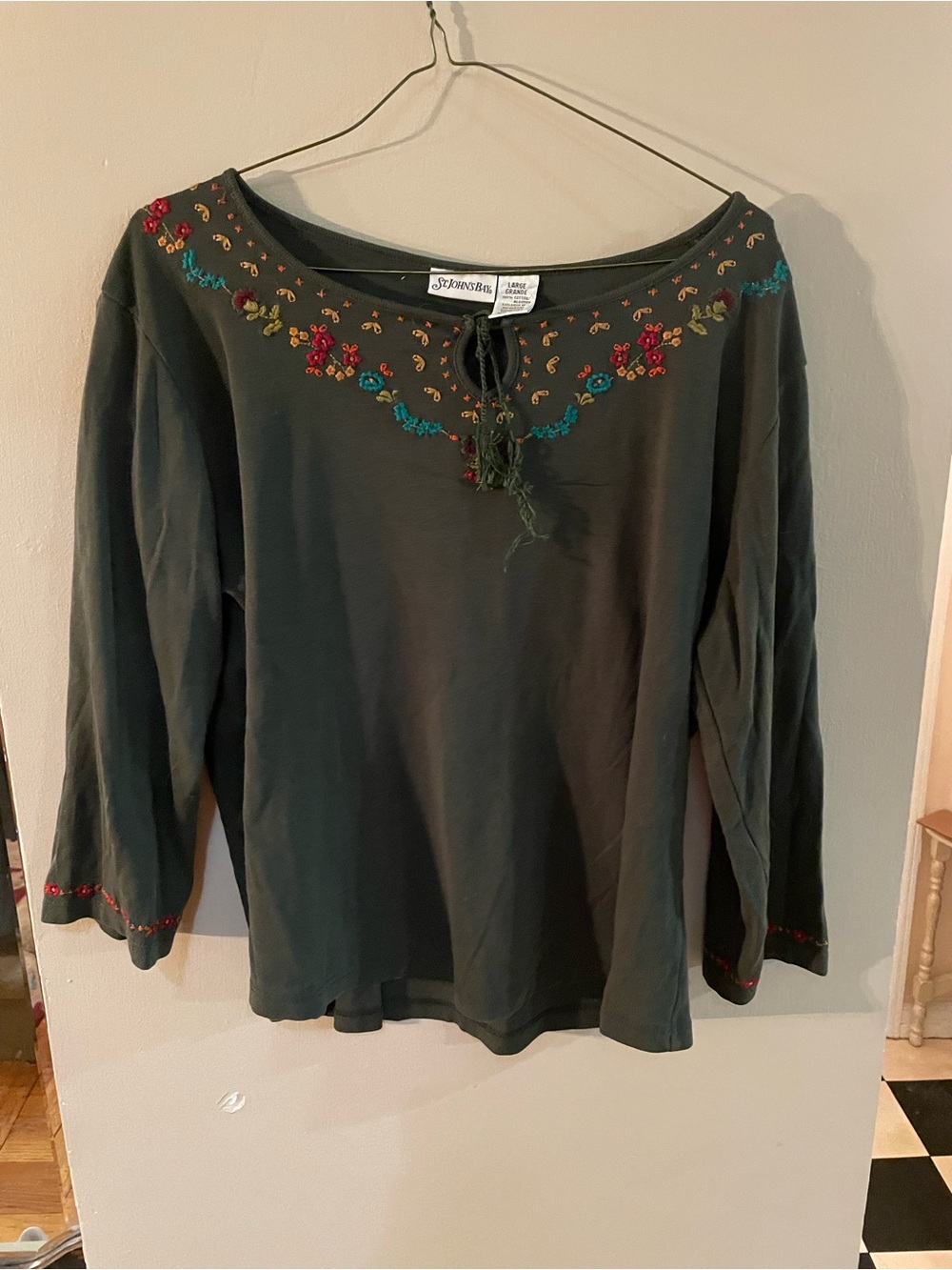 Vintage 90s St. John's Bay Dark Green Long Sleeve Embroidered Peasant Top